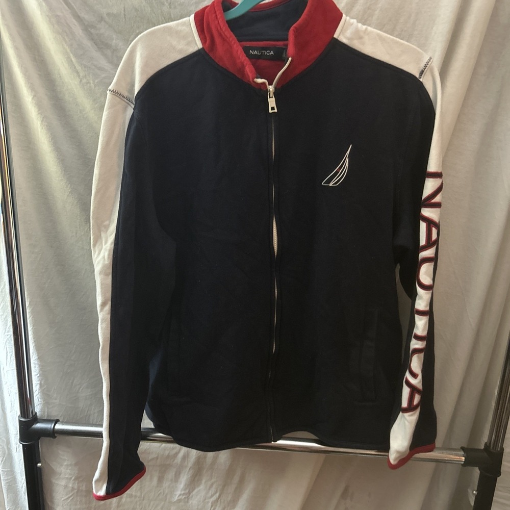 Nautica Classic Jacket Mens Large Navy Blue Red White Spellout Logo Full Zip